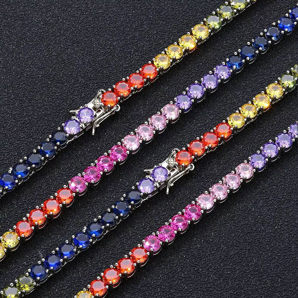 Moissanite 5mm Colorful Gemstone Tennis Chain Necklace Silver Plated Necklace Hip Hop Jewelry Shiny Zircon Iced Out Tennis Chain