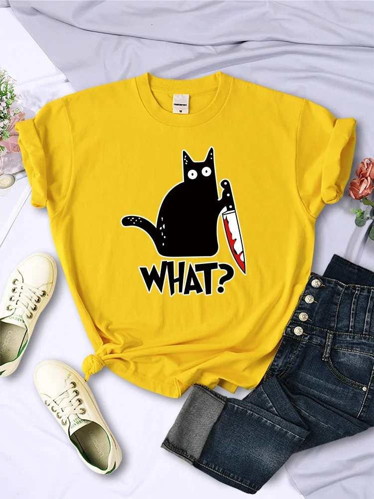 Kitchen Knife Black Cat Wha? Print Female Short Sleeve Fashion Women T-Shirts Summer Cool Men Tees Clothes Street Plus Size Tops 250417