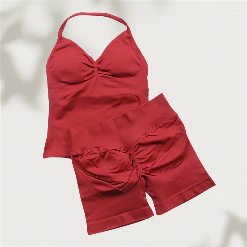 Women's Tracksuits 2 Pieces Women Yoga Set Seamless Impact Longline Strappy Tank Top Scrunch Sports Shorts Gym Clothes Woman Summer Workout