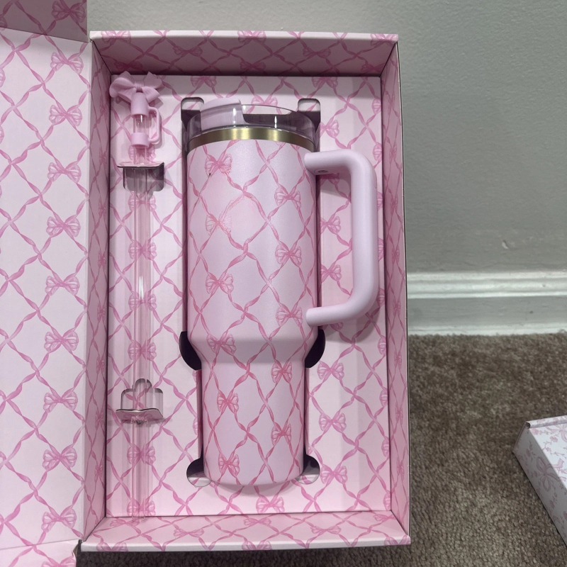 Coquette Bow Chantilly 40OZ Mugs Pink Tumblers Insulated Car Cups Stainless Steel Coffee Termos Tumbler Day Gift