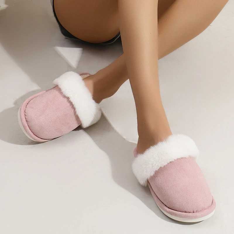Lucyever Pink Faux Suede Faux Fur Slippers Women Home Warm Non Slip Slides Woman Casual Flat Heels Plush Slipper Shoes Female H251117