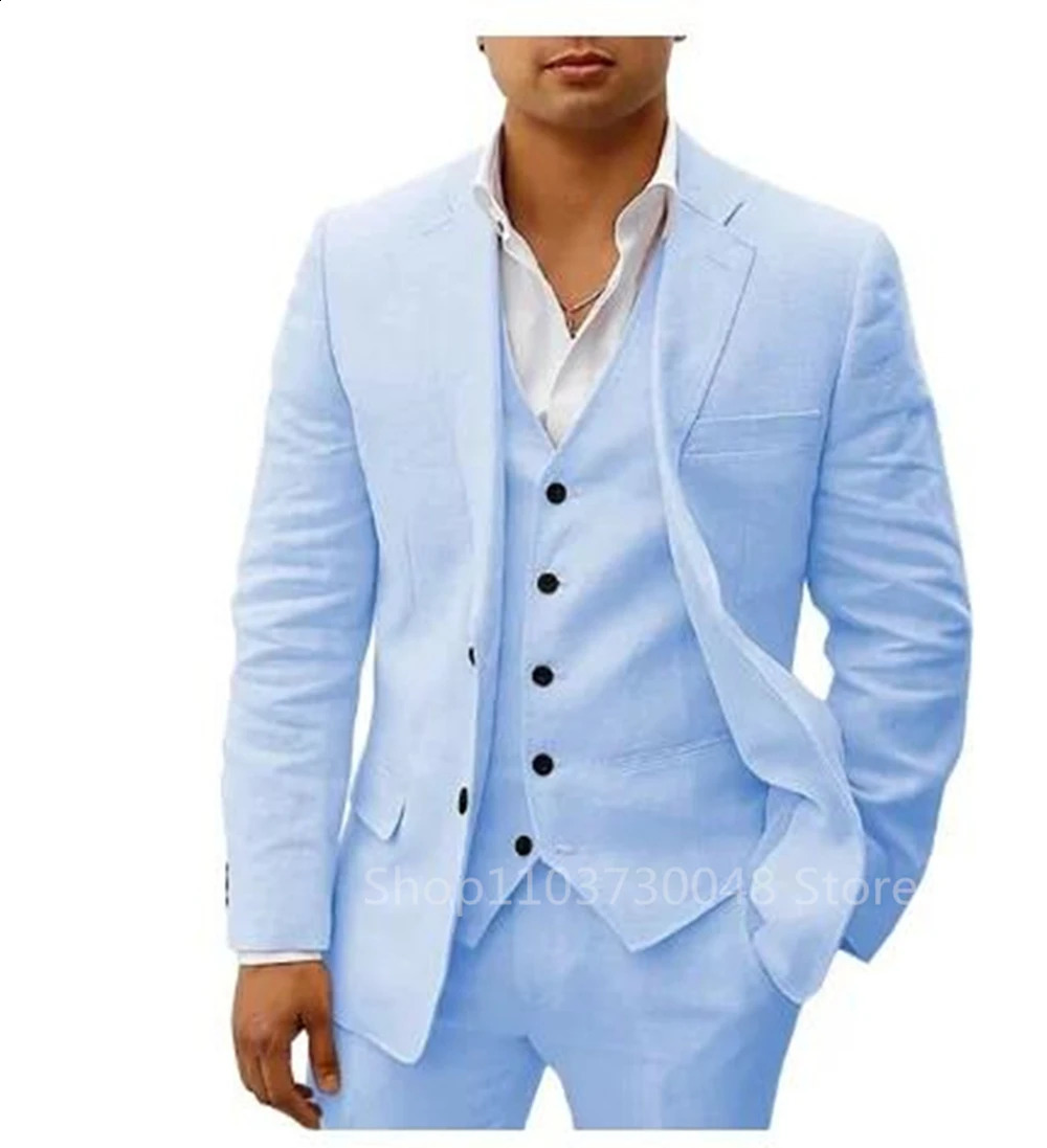 Light BlueBeige Linen Notch Lapel Slim Fit Summer Men Suits 3 Piece Groom Tuxedos Blazer Pants Sets Wedding Prom Costume Homme 250415