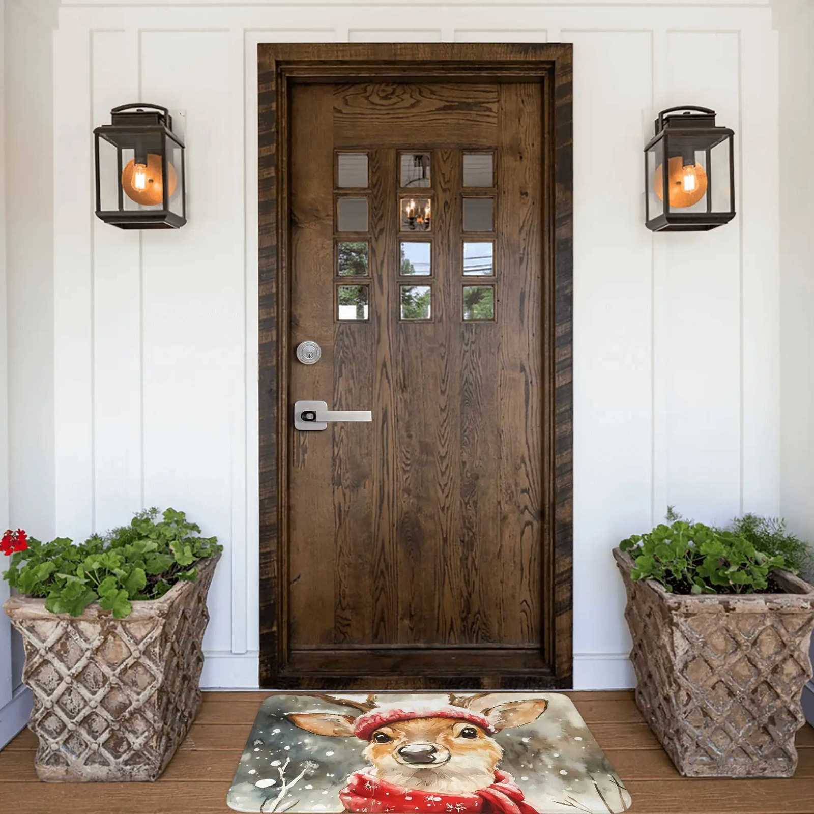 Festive Winter Deer Door Mat with Red Hat Scarf Design -Snowflake Pattern Non-Slip Mat for Christmas Home Entryway DeerM251117