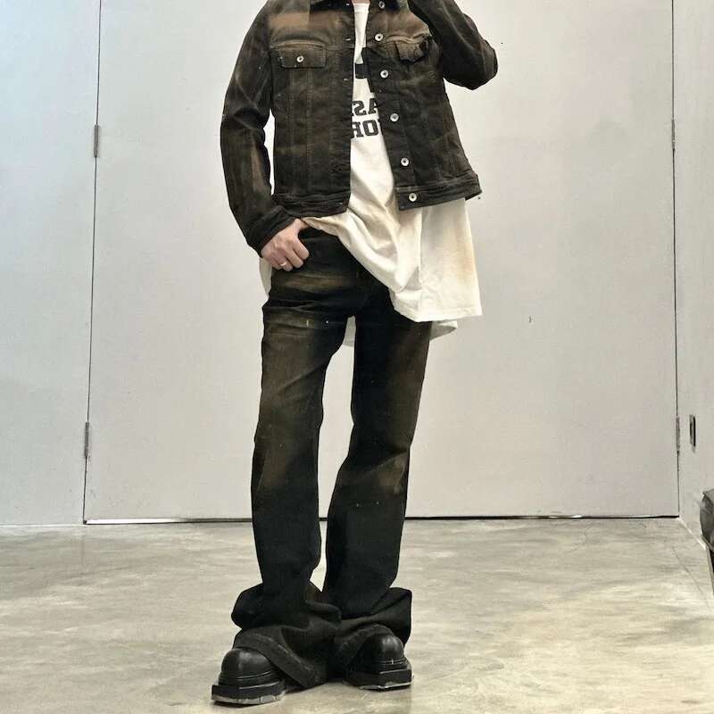 RO Ribbons Contrast Color Washed Micro Flared Jeans For Men Straight Casual Baggy Denim Trousers Ropa Hombre Loose Cargo Pants