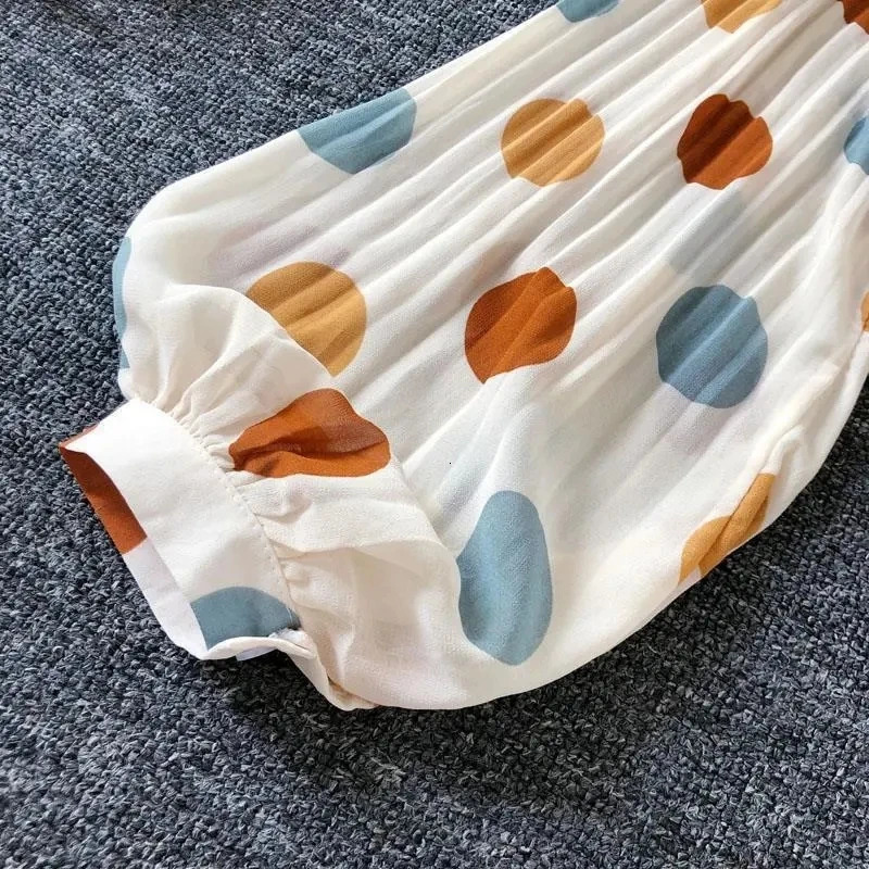 Polka Dot Casual V-Neck Chiffon Single Breasted Lantern Sleeve Folds Womens Blouse Shirt Female Clothing Tops Fashion 250417