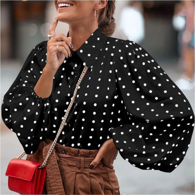 Vintage Polka Dot Lantern Sleeve Women Shirt Fashion Long Sleeve Casual Blouses Office Lady Elegant Tops 250417