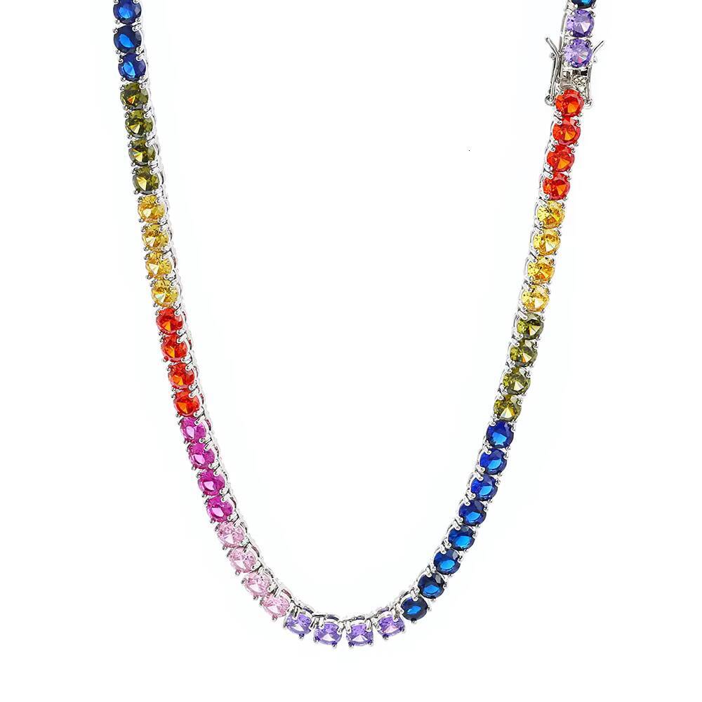 Moissanite 5mm Colorful Gemstone Tennis Chain Necklace Silver Plated Necklace Hip Hop Jewelry Shiny Zircon Iced Out Tennis Chain