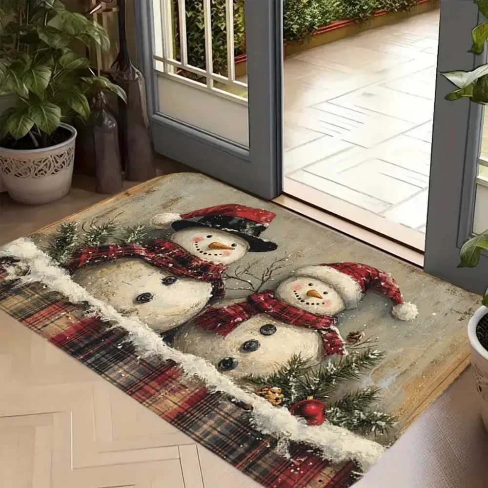 1pc Country Style Christmas Snowman Doormat Soft Non-Slip Machine Washable Plaid Border Holiday Kitchen Decor Home Entry RugM251117