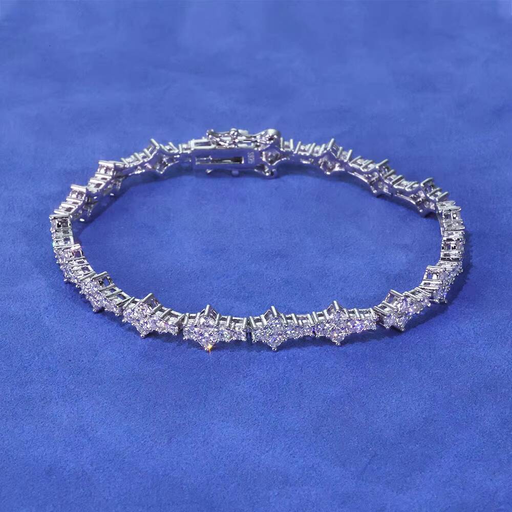 NUOYA Hiphop Jewelry Iced Out VVS Diamond Flower Shape Tennis Chain 925 Sterling Silver Moissanite Tennis Chain Womens Bracelet