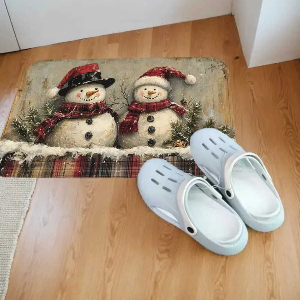1pc Country Style Christmas Snowman Doormat Soft Non-Slip Machine Washable Plaid Border Holiday Kitchen Decor Home Entry RugM251117