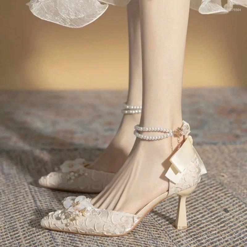 Dress Shoes Pearl Ankle Strap Bow Heels Designer Stiletto High Women Pumps Wedding Bride Ladies Party Prom