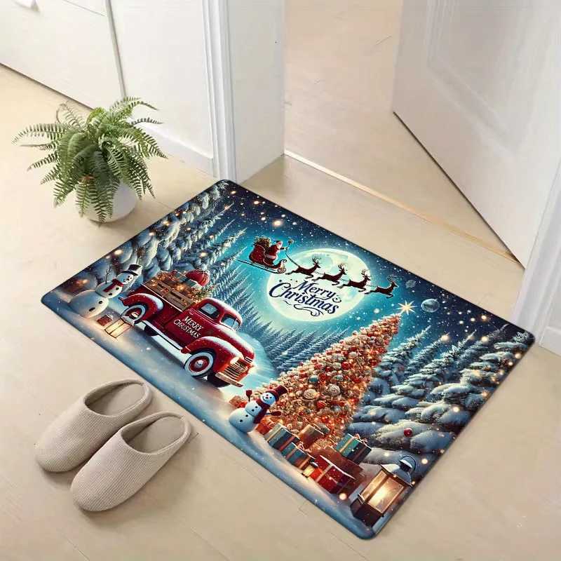 Open-1pc Winter Christmas Door Mat Flannel Thickness Winter Christmas Little Red Car Print Non-Slip Mat ComfortableM251117