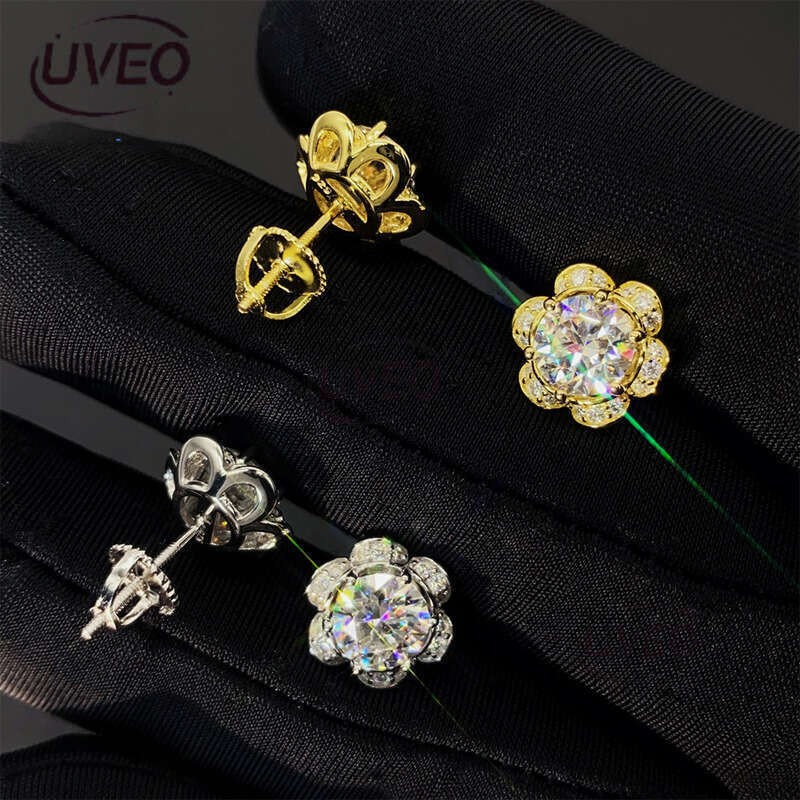 Jewelry Sterling Silver VVS Iced Out Gold 925 Earrings Studs Hiphop Pass Dias Tester Round Cut Couple Gift