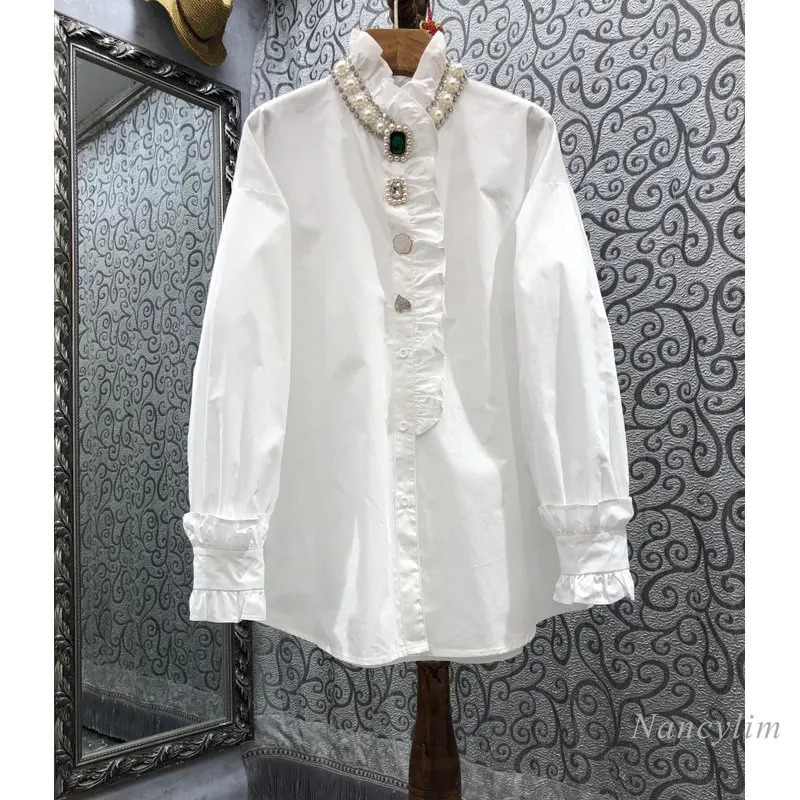 Spring Exquisite Rhinestone Beaded Ruffled Shirt for Women Long Lantern Sleeve Cotton Blusas Ladies White Blouses Loose Top 250415