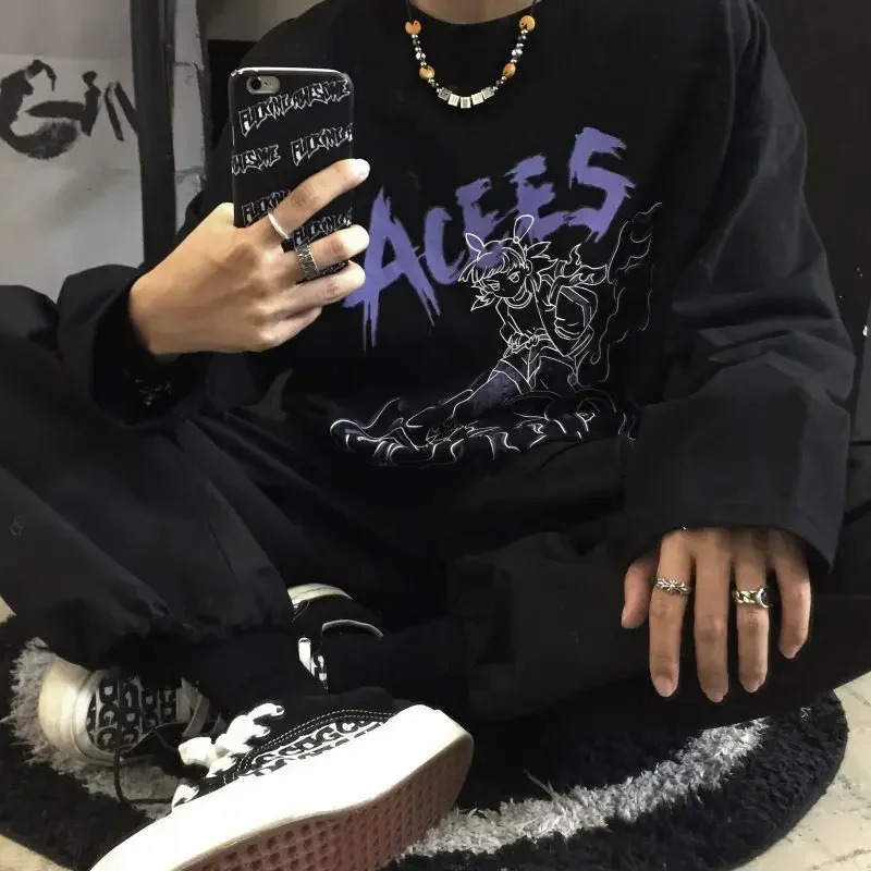 Mens t-shirts Summer Mens clothing Oversized Long Sleeve Tees Streetwear Casual Daily Manga Vintage Graphic T shirts Gym Tops 250417