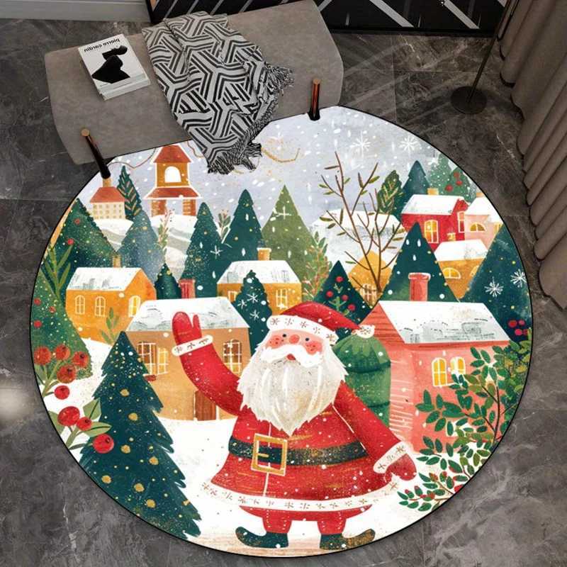 Santa Claus Snowy VillageChristmas Scene Round Rug Soft Crystal Velvet Floor Mat Holiday Decoration Xmas Theme Living RoomCarpetM251117