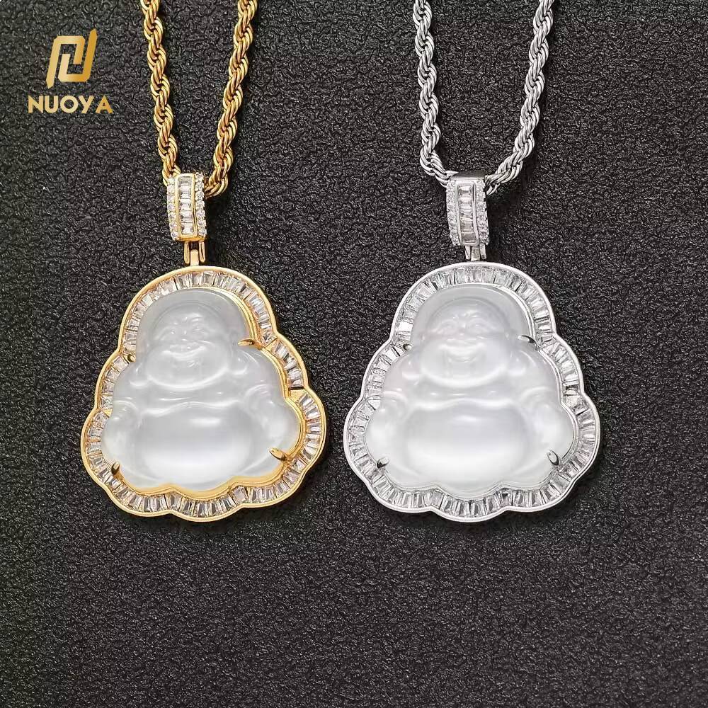 Mens Hot Sale Diamond Jade Laughing Gold Plated Jewelry Iced Out Green Buddha Pendant