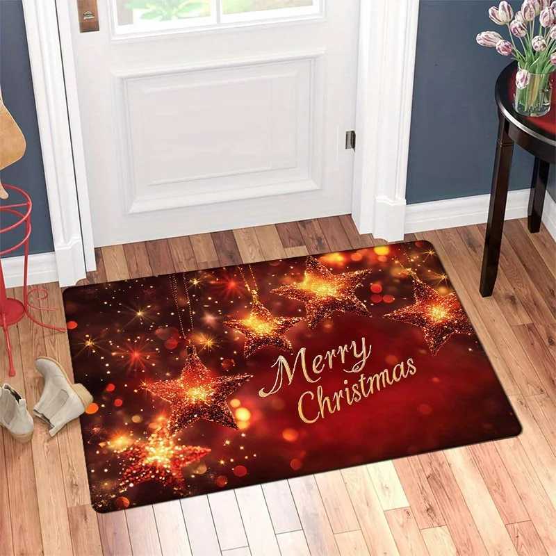 Christmas Star Flannel Door Mat Carpet Five-Pointed Star Merry Christmas Print Non-Slip for Kitchen Living Room DecorM251117