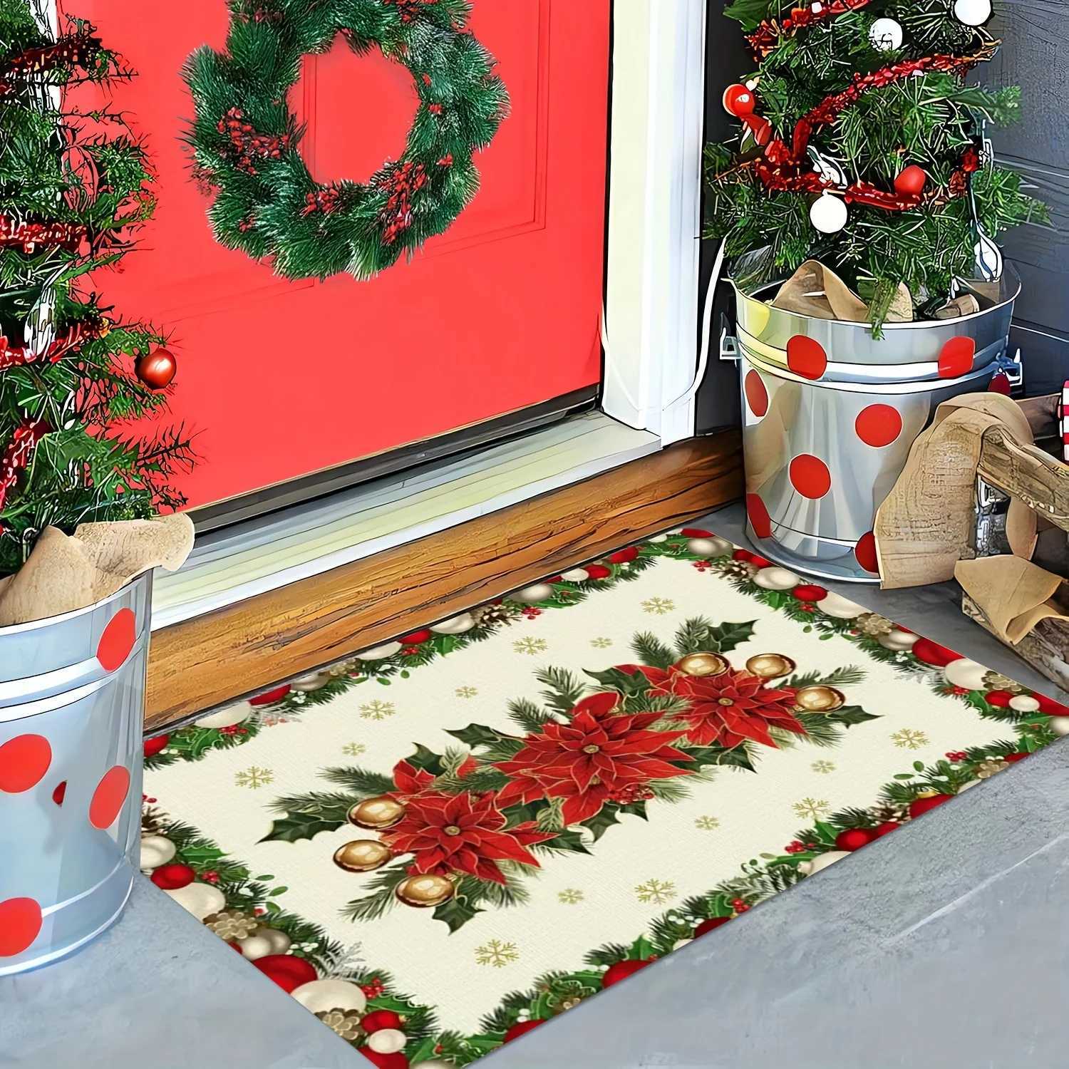 Christmas Poinsettia Holly Print Door Mat Winter Xmas Ball Snowflake Rug Bedroom Kitchen Non-slip Floor Mat Christmas DecorationM251117