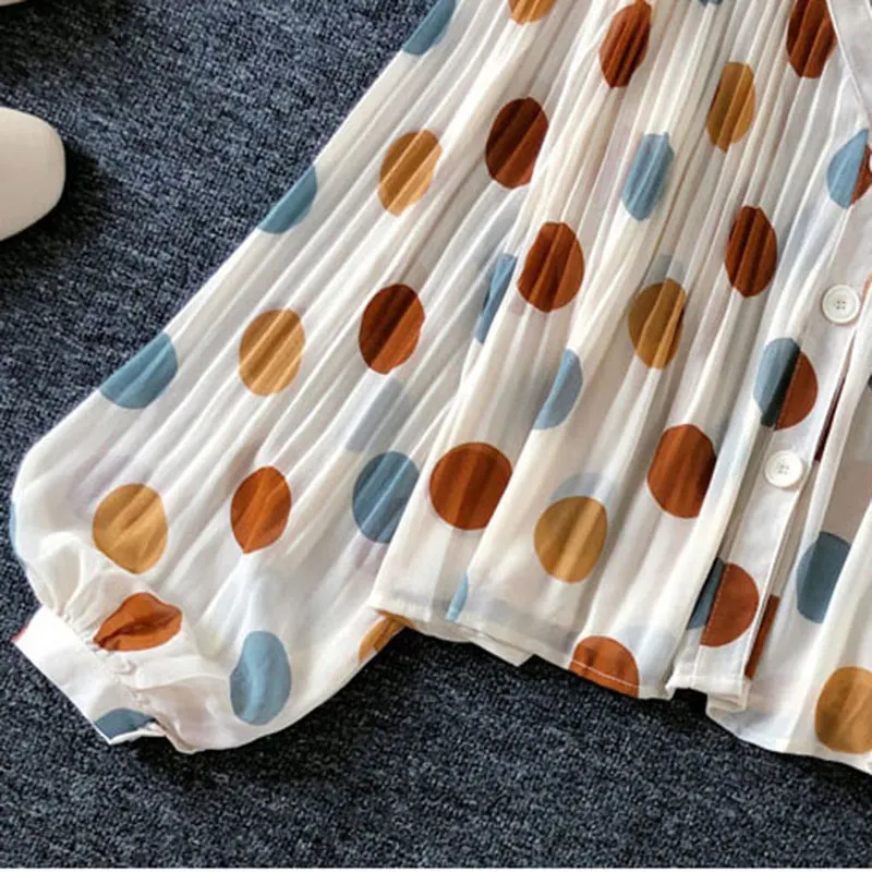 Polka Dot Casual V-Neck Chiffon Single Breasted Lantern Sleeve Folds Womens Blouse Shirt Female Clothing Tops Fashion 250417