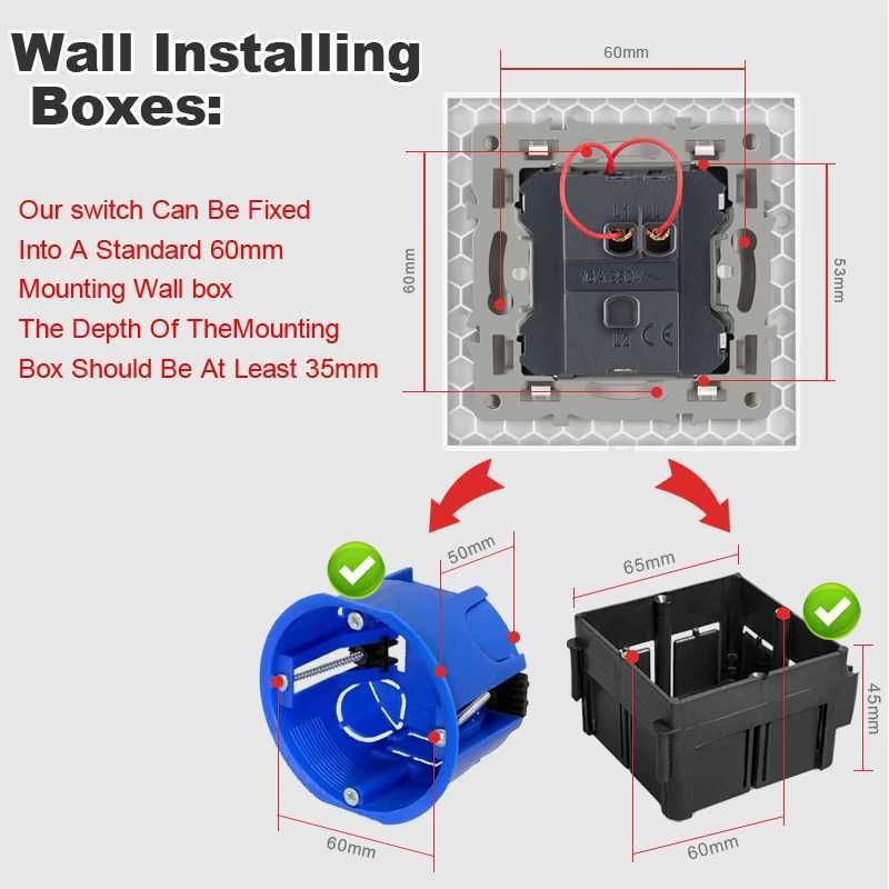 NYWP Luxury Crystal Tempered Glass Panel 1 Gang 2 Way Light Switch On / Off Wall Switch With LED Indicator 16A AC 250VW251117