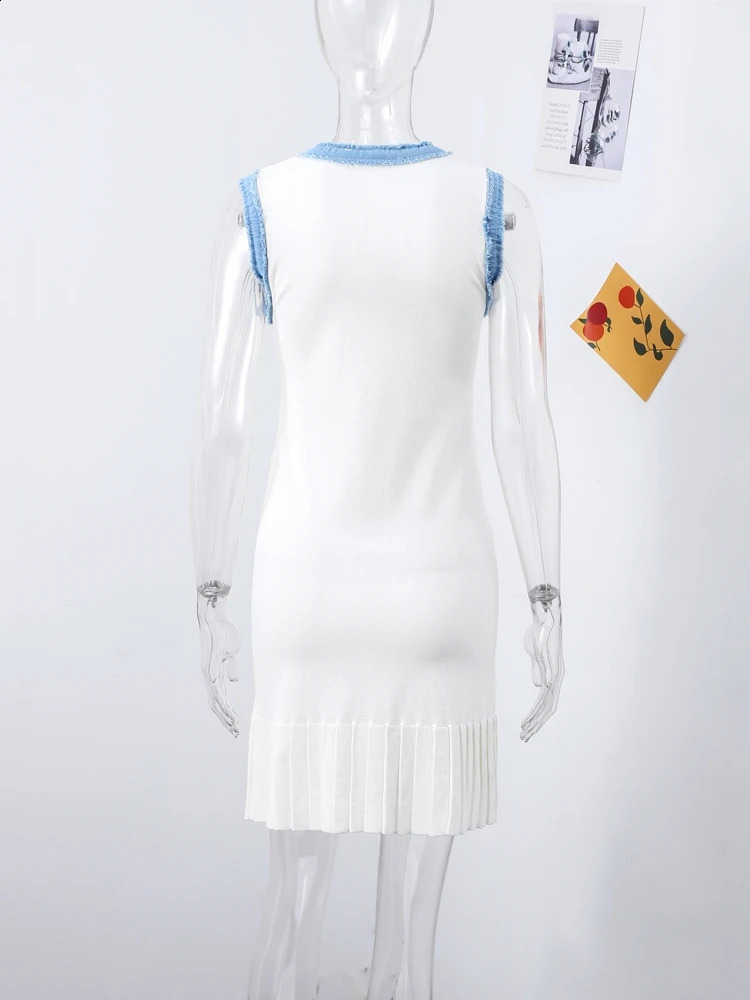 2025 Womens White Knitted Stretch Denim Dress Sleeveless Ruffled Hem Pleated Summer Tight Beach Party Casual Elegant Dress250414