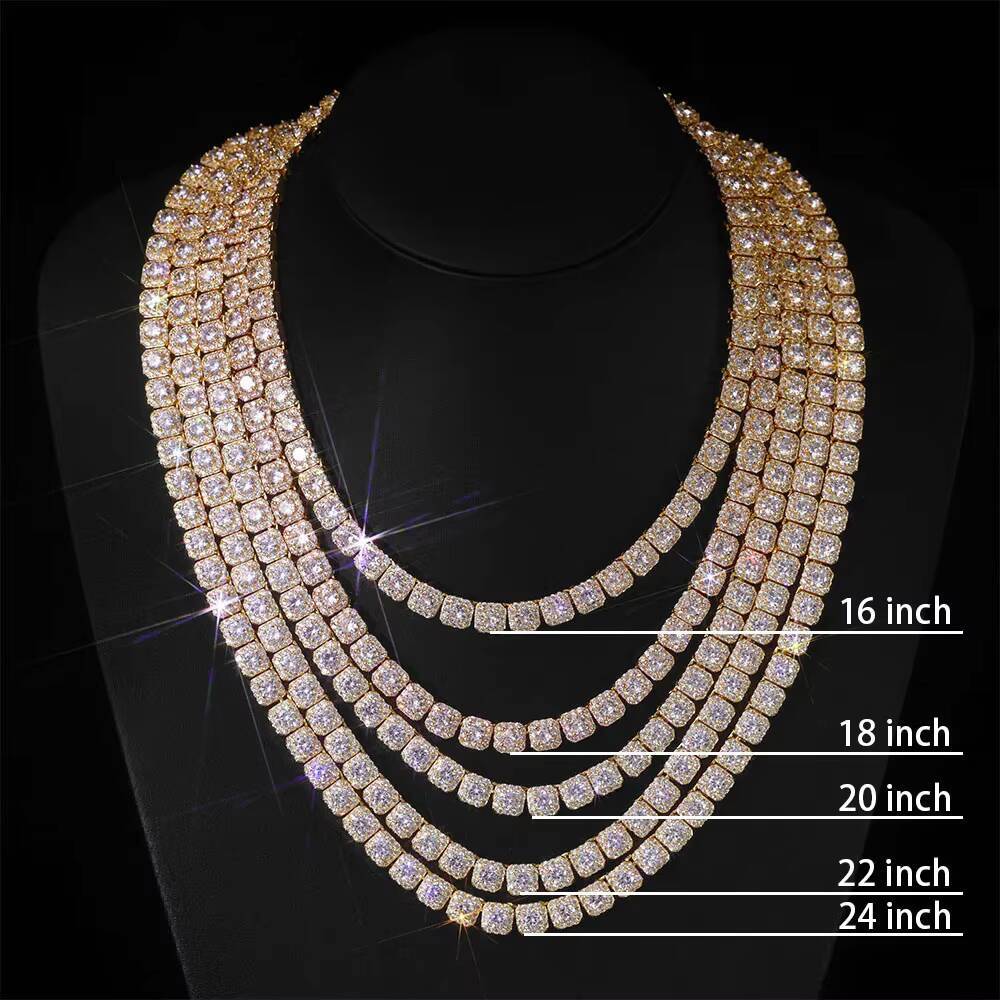 Laboratory cultivation of Moissanite Iced Out Cluster Tennis Chain Necklace 7mm Gold Plated Shiny Diamond Cut CZ Thin Fine Hip Hop Jewelry