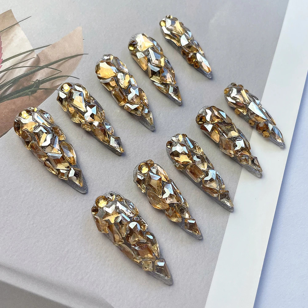 High quality gold fully sparkling diamond corner shaped handmade press used for nails sparkling rhinestones wearable fake nails 250415