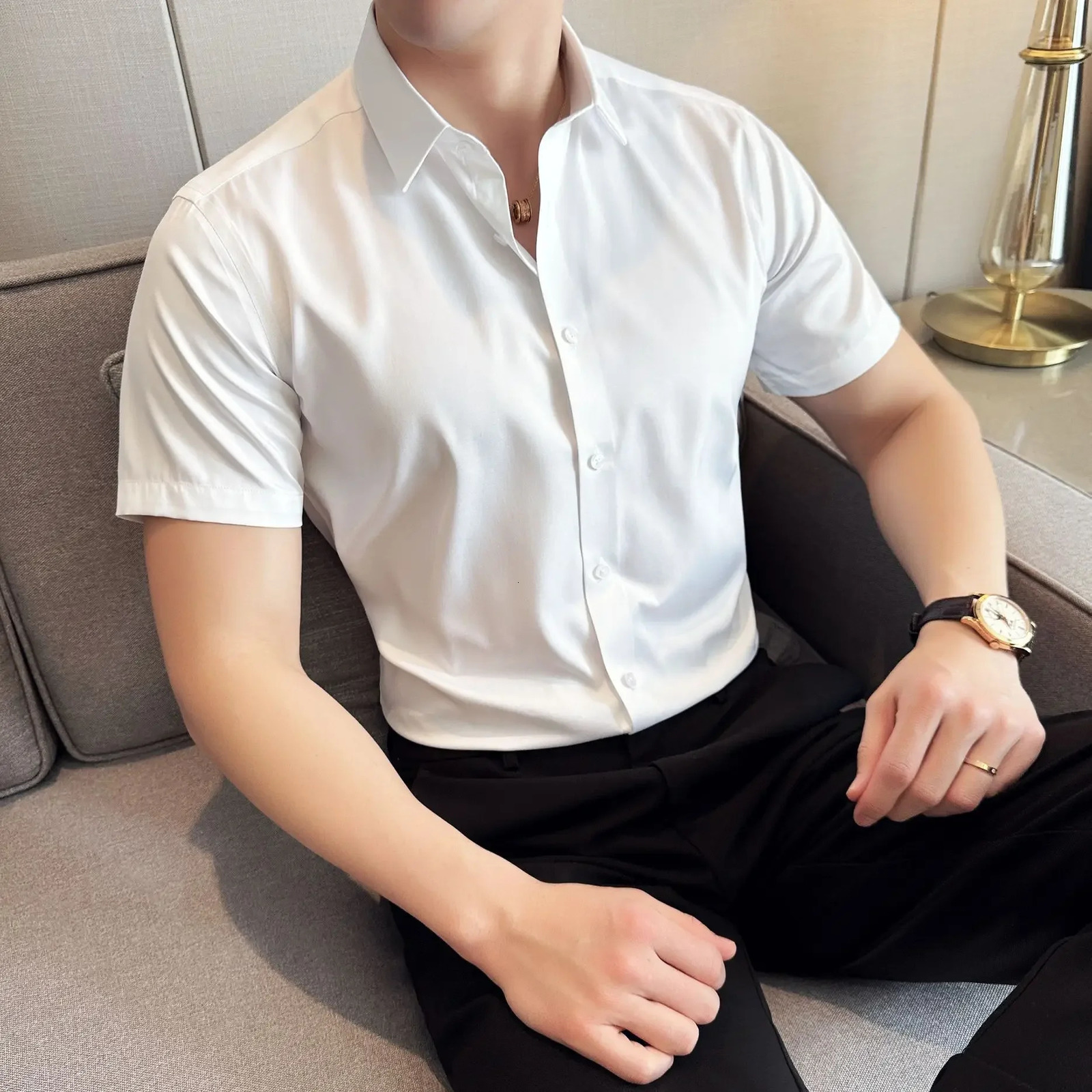 S~6XL increase summer mercerized satin short sleeve shirt ice silk cool half sleeve solid color business casual men shirt 250417