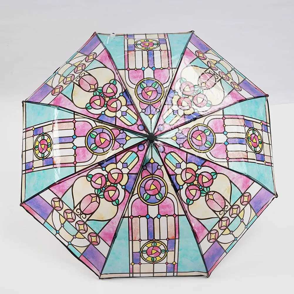 Creative Automatic Umbrella Three-fold Transparent Unique Colorful Glass Pattern Long Handle Ultra-large Lightweight Umbrella C251117