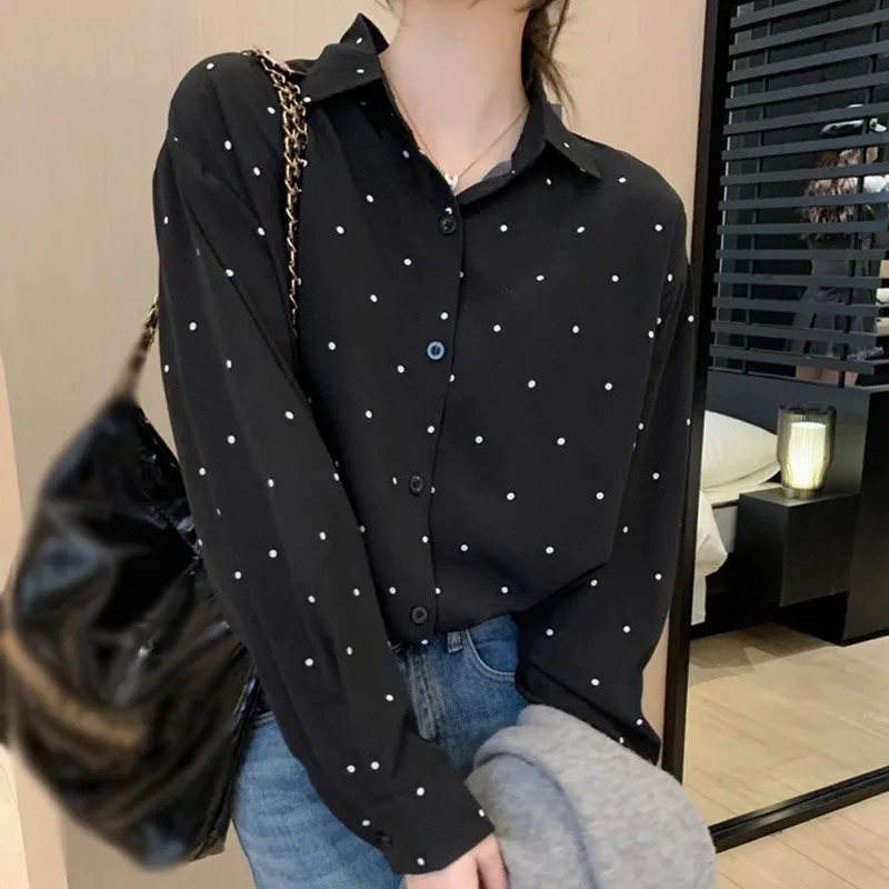 Womens V-neck Polka Dot Long Sleeve Elegant Shirt Retro Lapel Loose Color-Collision Long Sleeve Fashion Single-Breasted Blouse 250417