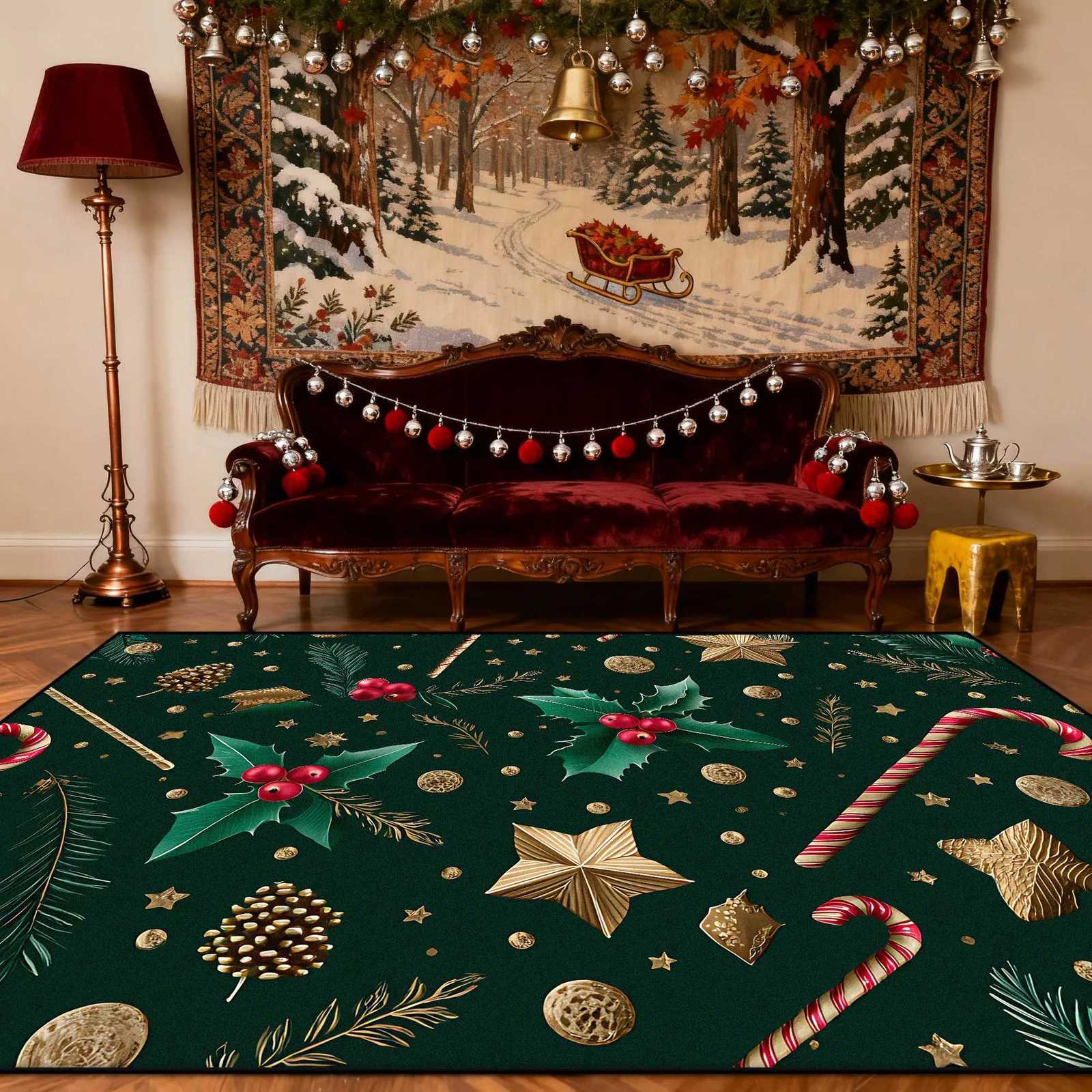 Green Christmas Candy Fluffy Carpet for Living Room Large Area Non-slip Soft Floor Mats Decoration Bedroom Bedside Washable RugM251117