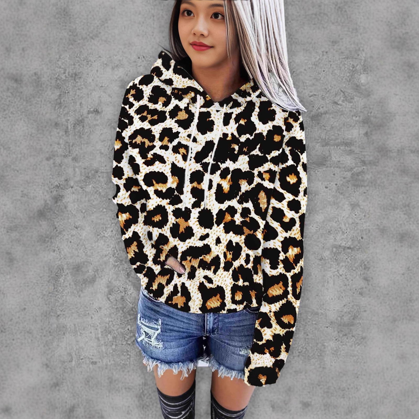 New Womens 3D Digital Print Leopard Hoodie Sweatshirt Hot Sale