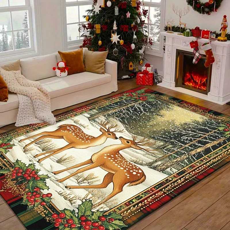 Winter Deer Christmas Rug for Festive Season Snowy Landscape Carpets Holiday Home Decor Anti slip carpet can be machine washedM251117