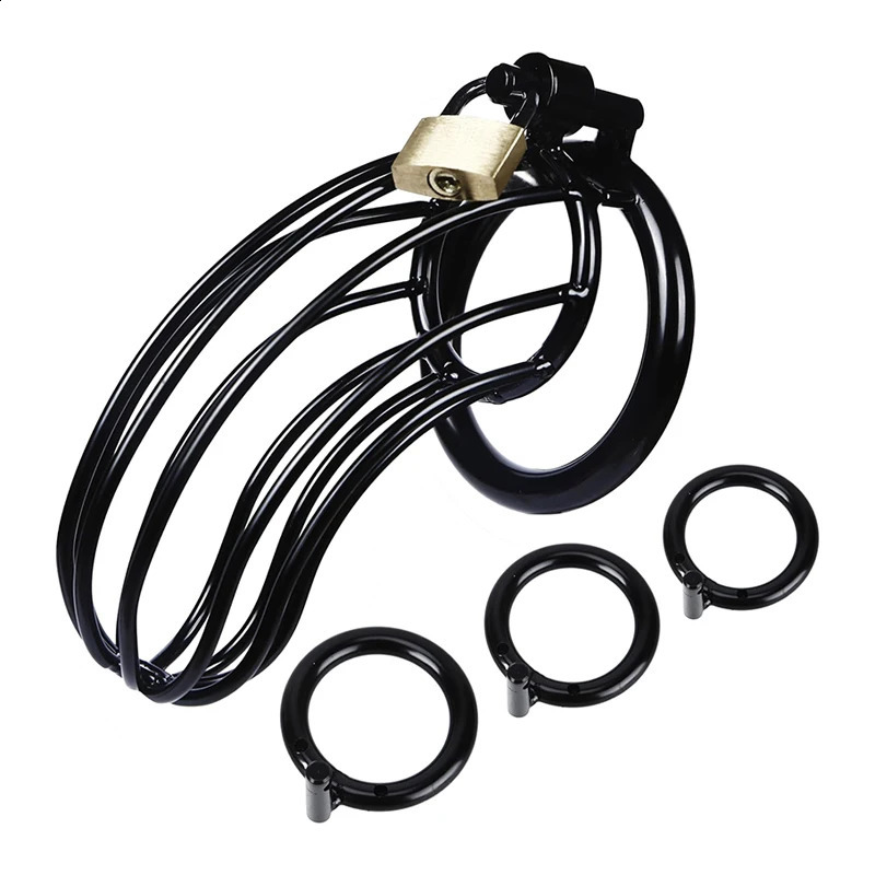 Black metal banana shaped male chastity cage with BDSM lock and adjustable rooster ring adult sex toy restraint device 250417