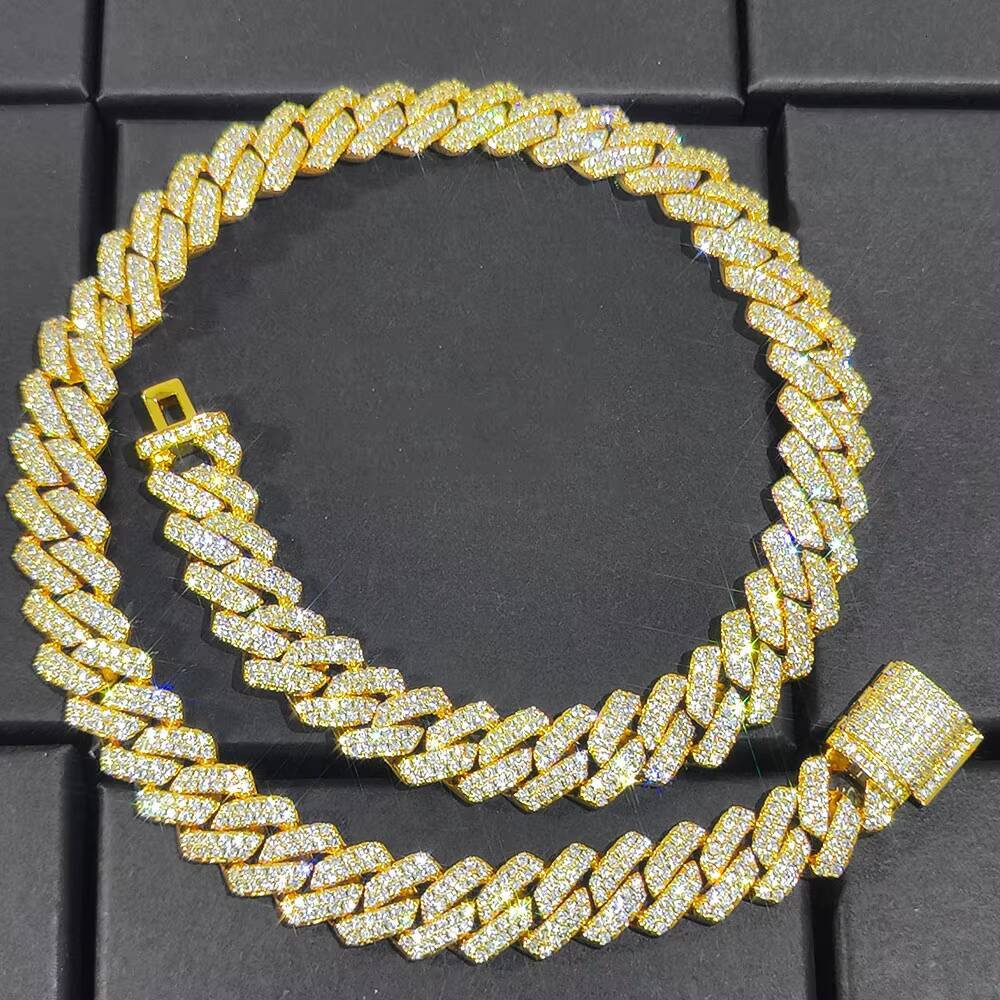 Moissanite 14mm Iced Out Prong Cuban Link Chain Silver Plated Brass Hip Hop Diamond Cuban Chains Necklace for Womens Fine Jewelry