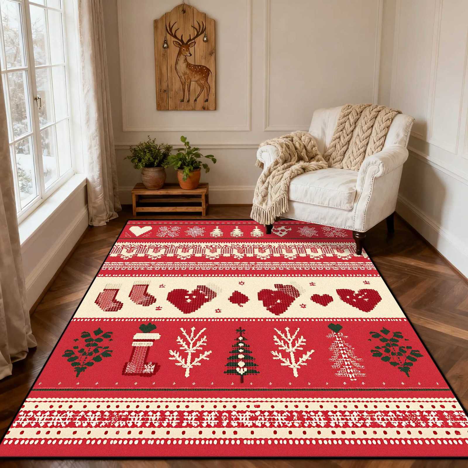 Christmas Style Red Living Room Carpet Christma Tree Decoration Bedroom Fluffy Thickened Rug Indoor Cloakroom Non-slip Floor MatM251117