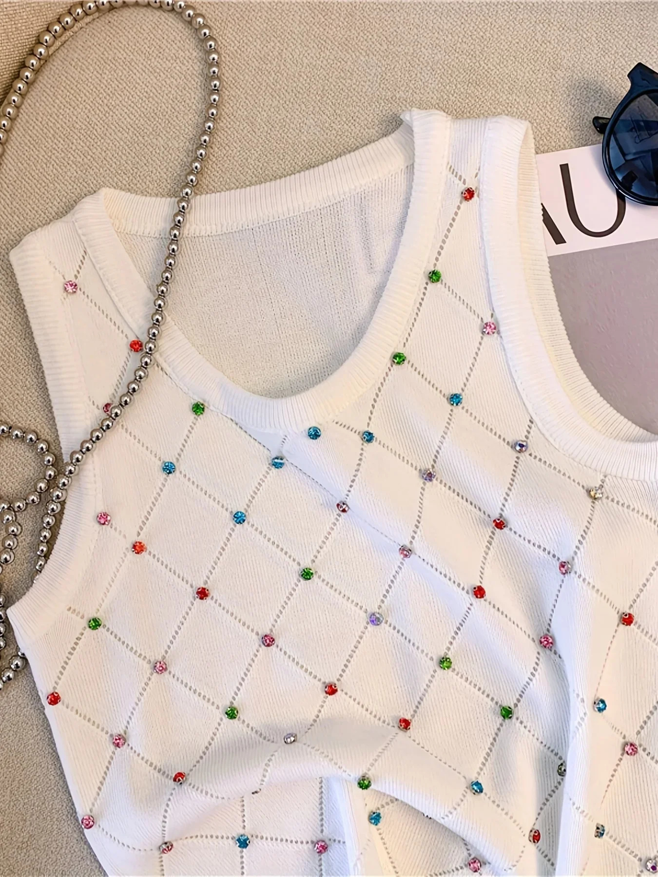 Colorful Rhinestone Knitted Tank Top Casual Crew Neck Sleeveless Tank Top For Summer Womens Clothing Crop Top Camis 250417
