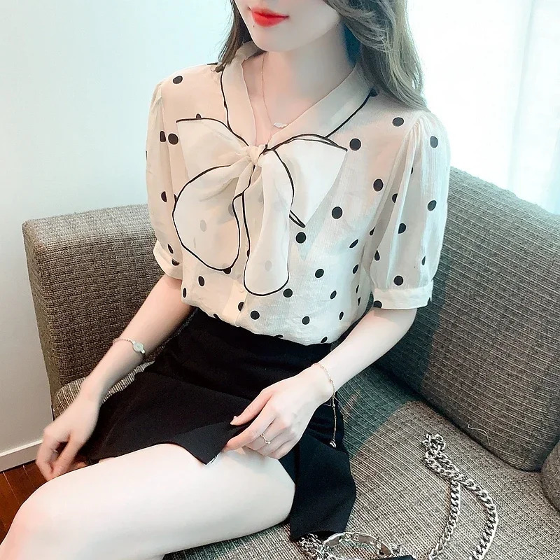 2025 Fashion Summer Short Sleeve Dot Women Shirt Bow Collar Chiffon Shirt Blouse Women Tops Camisas Blusas Camisas De Mujer G459 250417