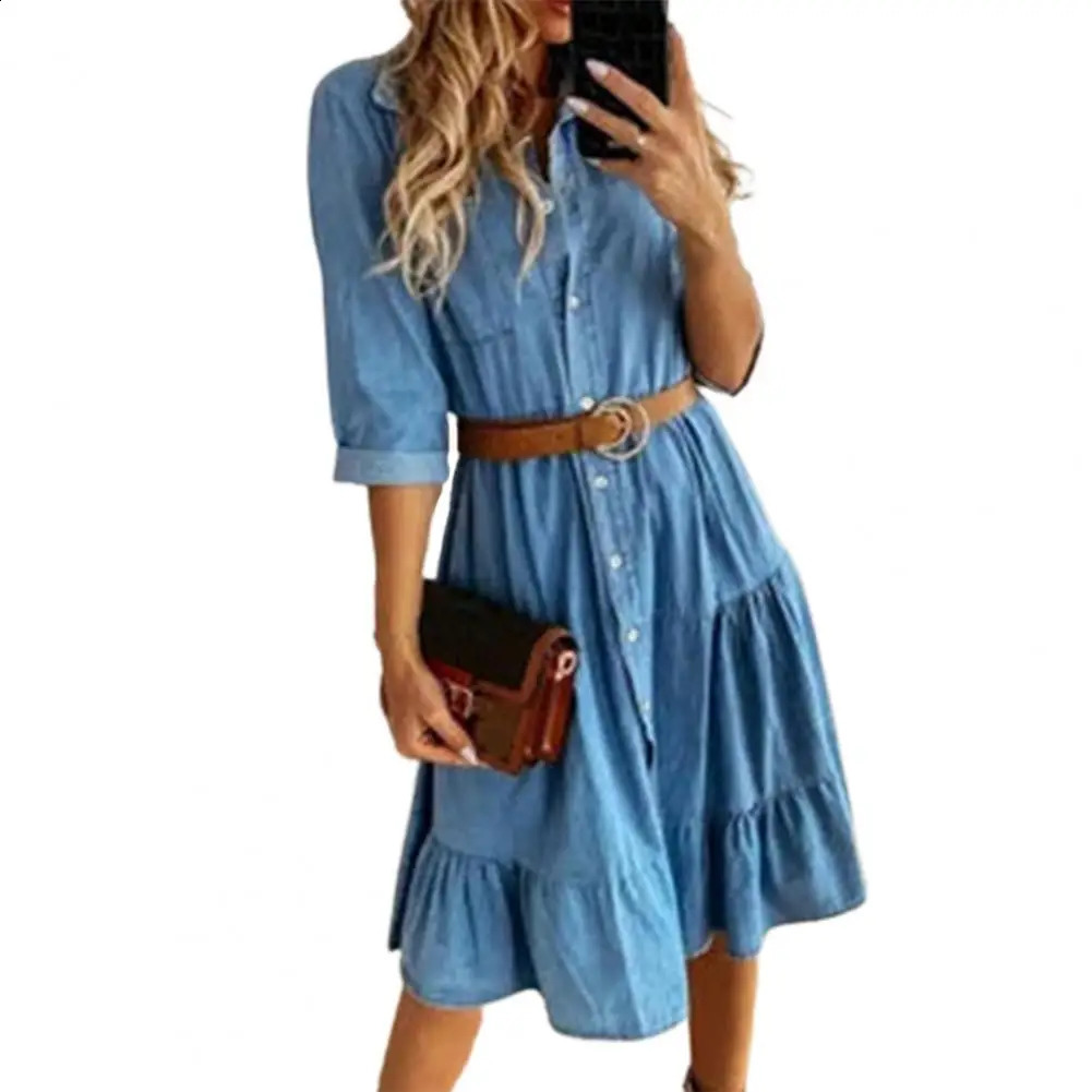 Denim Dress Three Quarter Sleeve with Belt Turn-down Collar Spring Autumn Buttons Ruffle Jeans Dresses for women 250414