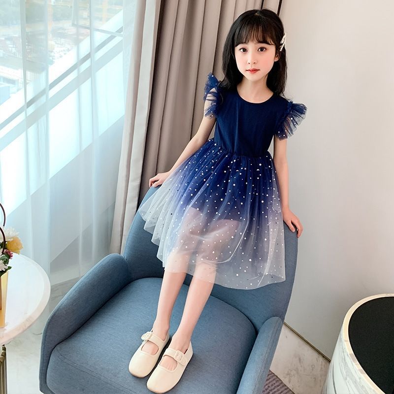 DISNEY kids designer clothes Frozen Elsa princess Girls' Starry Sky Gradient Short Sleeve Dress Princess Dress Puff Sleeve Tulle Skirt for Childr