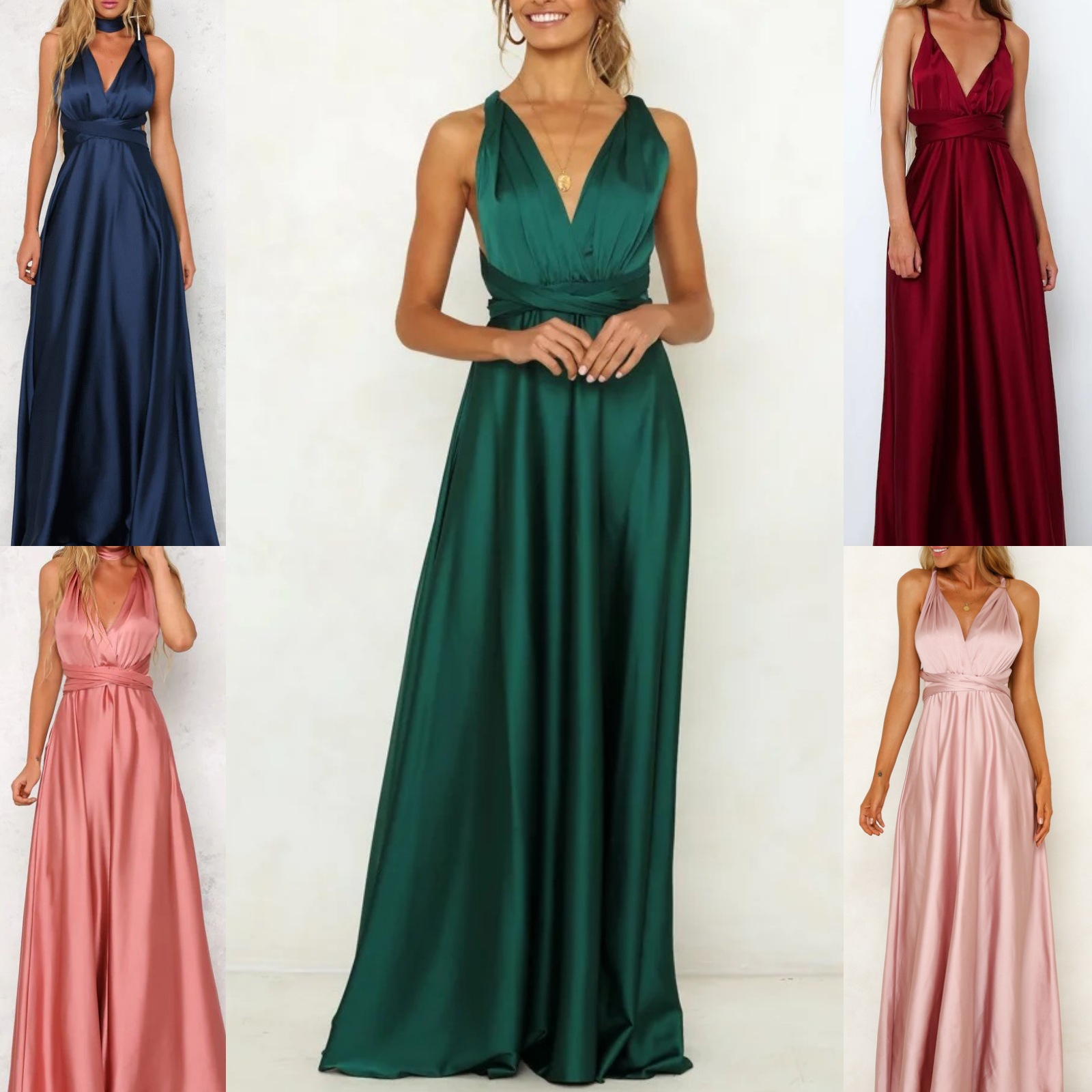 F1010 New European and American Summer Women's Dress, Amazon Deep V Solid Color Satin Long Dress