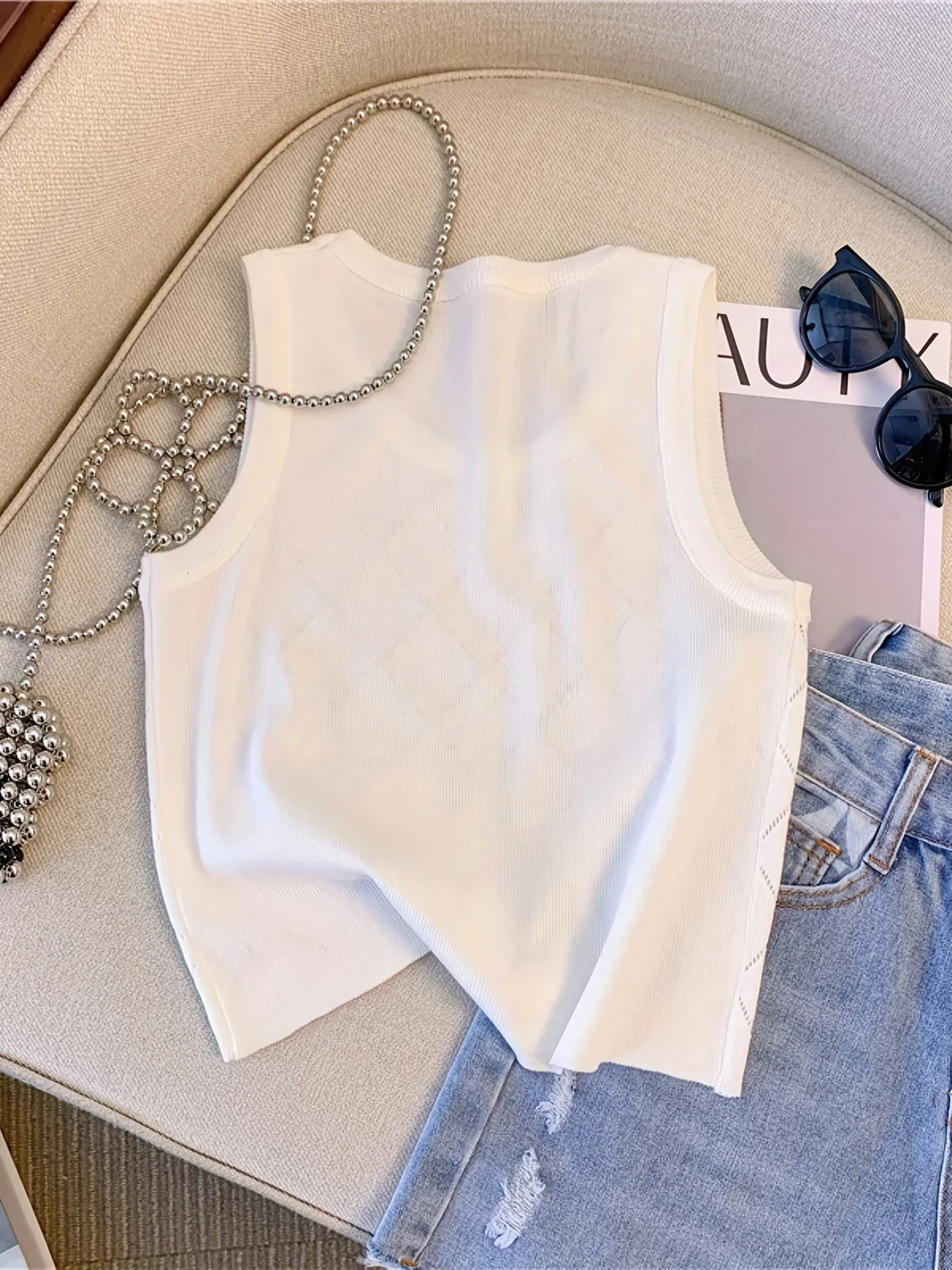 Colorful Rhinestone Knitted Tank Top Casual Crew Neck Sleeveless Tank Top For Summer Womens Clothing Crop Top Camis 250417