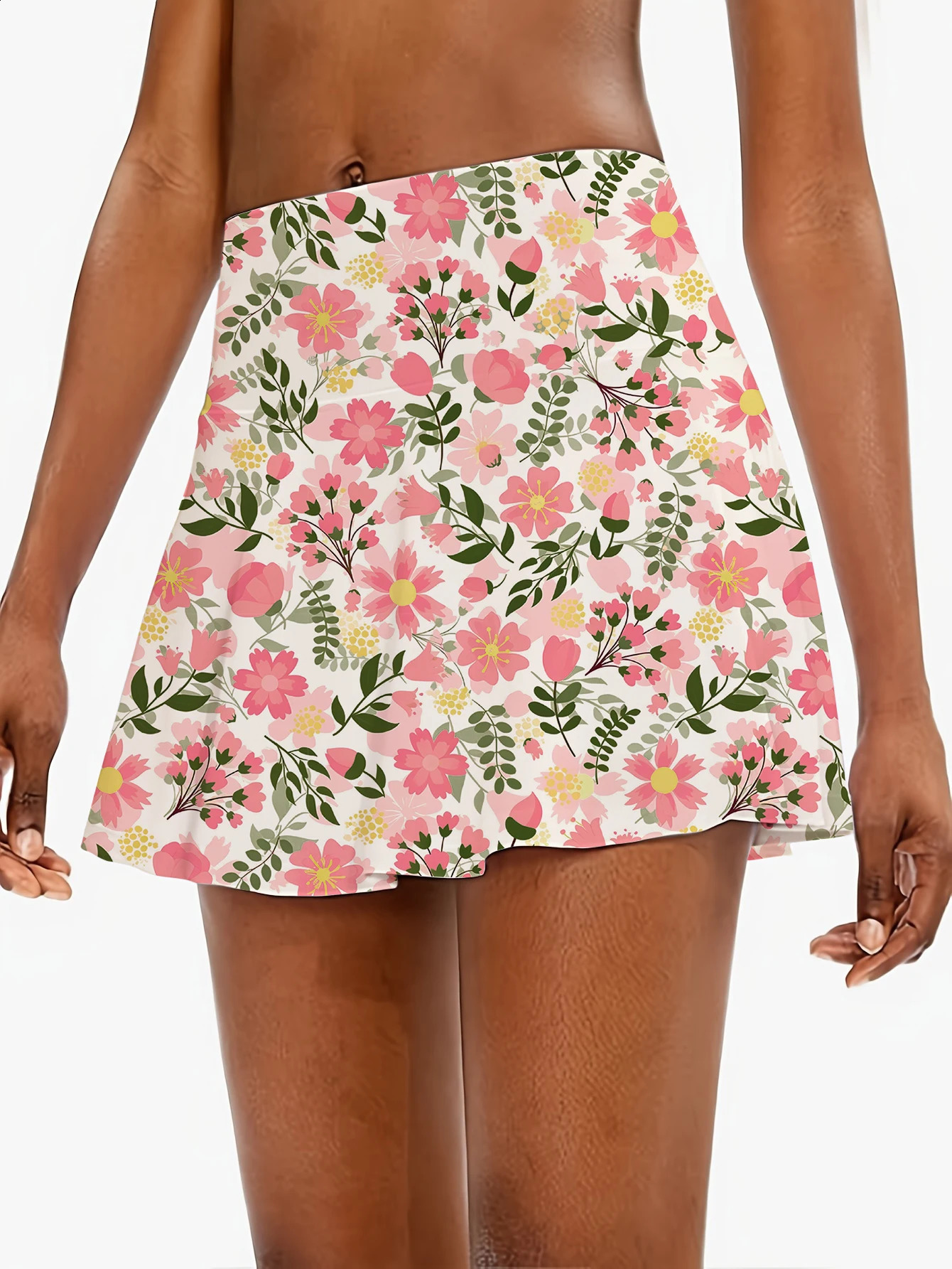 Womens floral print mini skirt with shorts elastic waist summer knitted fabric pink polyester canvas and pockets 250415Z