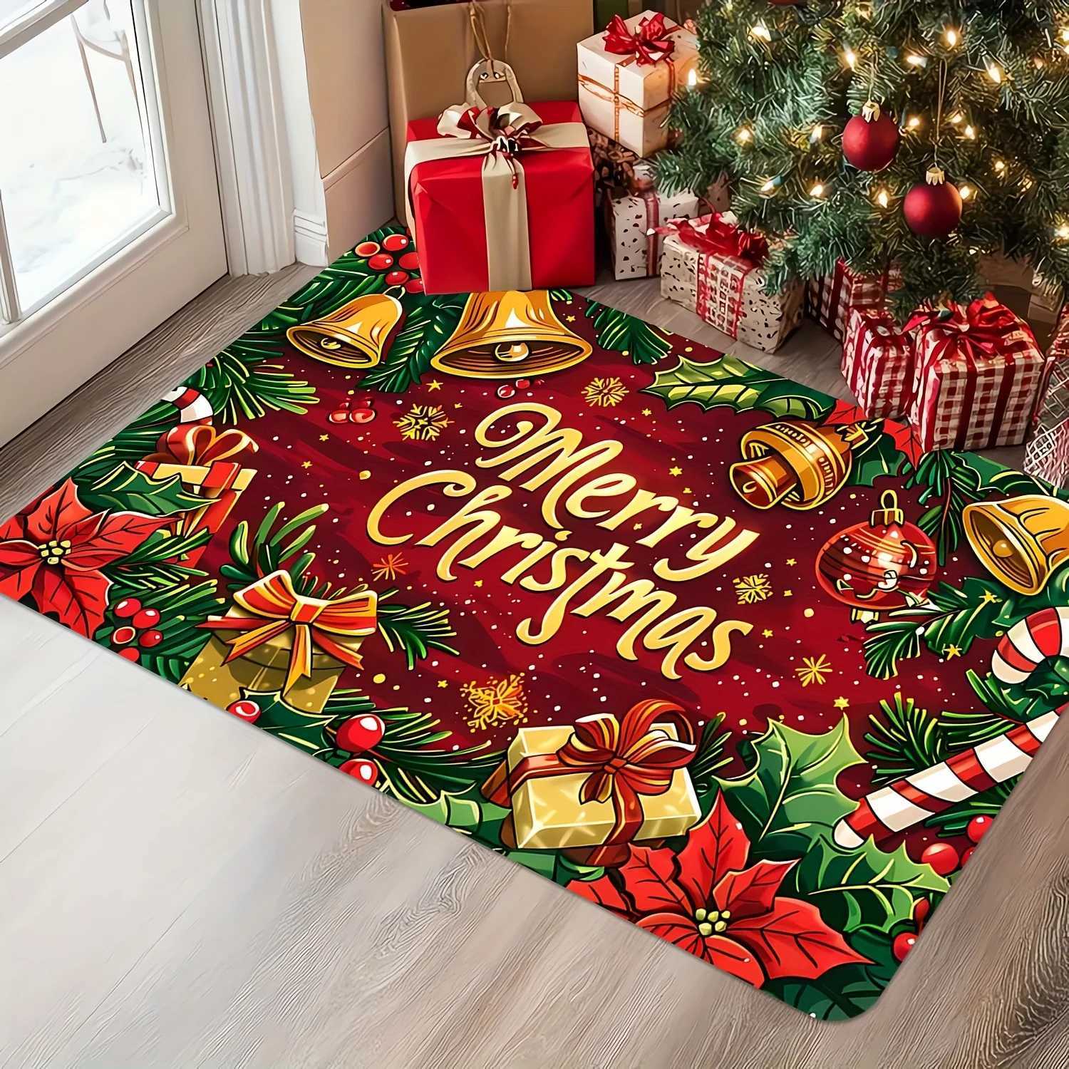 Christmas Cheer Extra Large Doormat with Bells and Flowers - Indoor/Outdoor Welcome Mat for Home Decor Farmhouse Style Thick FM251117