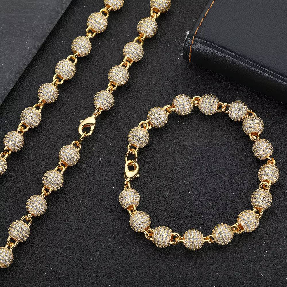 Moissanite 8mm Neck Chain for Women Gold Plated Iced Out Chain Micro Pave Cz Jewelry Round Bead Necklace