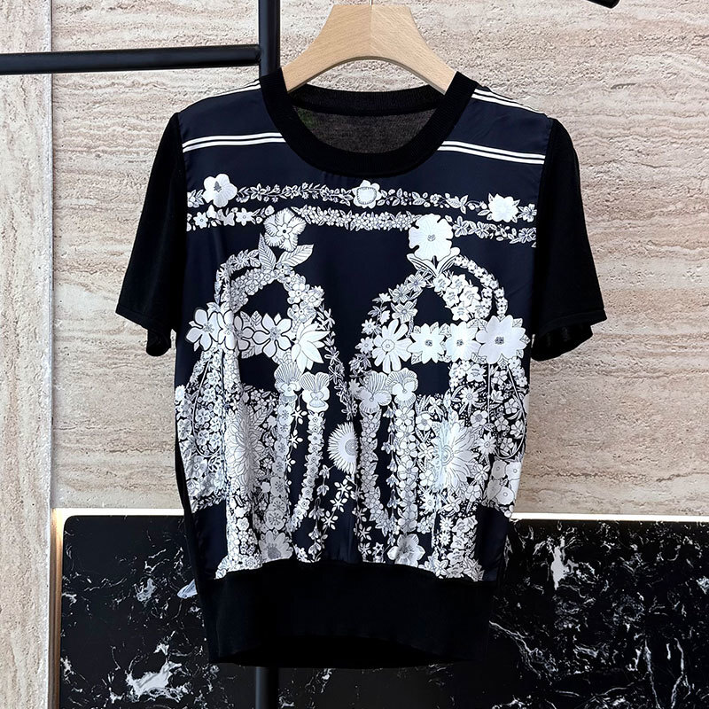 Women's Floral Print Silk T-Shirt Fashion Round Neck Multi-Color Loose Short Sleeve Top High-Quality Trendy Sexy Streetwear Luxury Designer Knit 