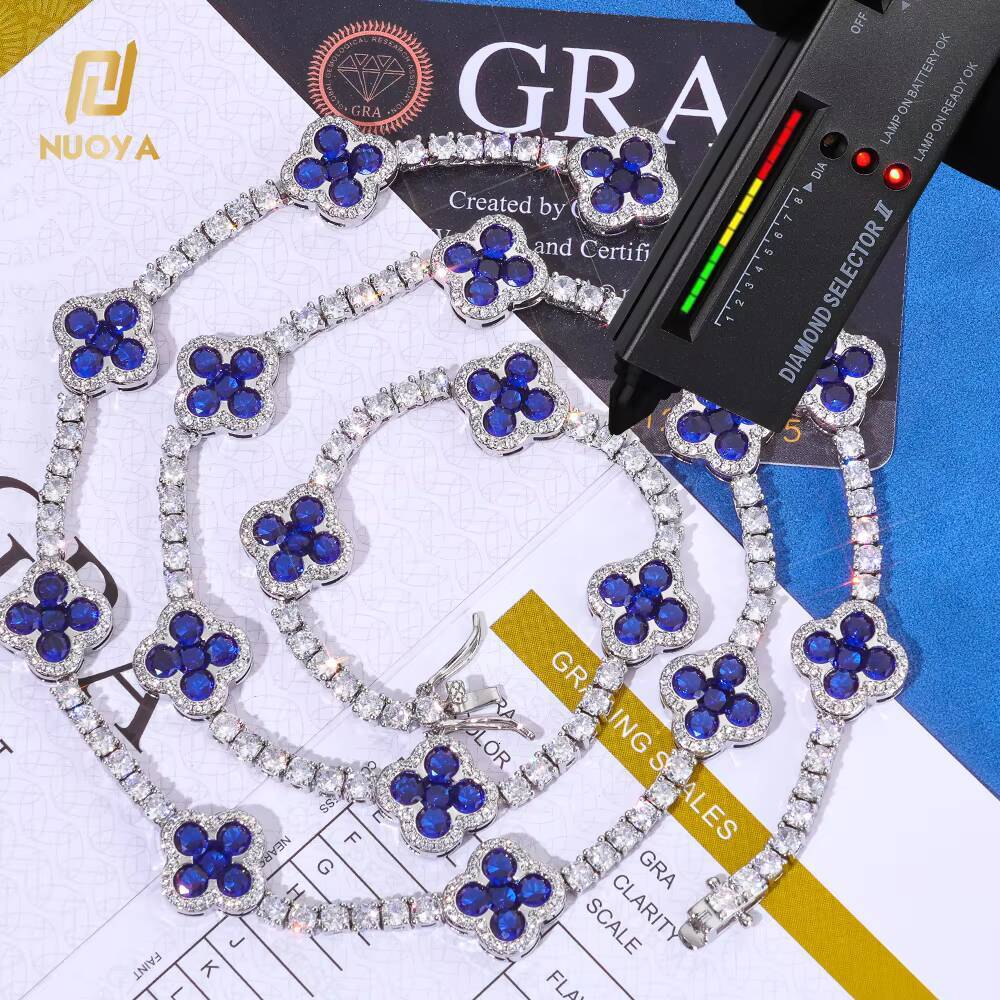 NUOAY Hip Hop Jewelry 3mm Iced Out VVS Moissanite Tennis Chain Four Leaf Clover 925 Silver Necklace Gift for Men Women