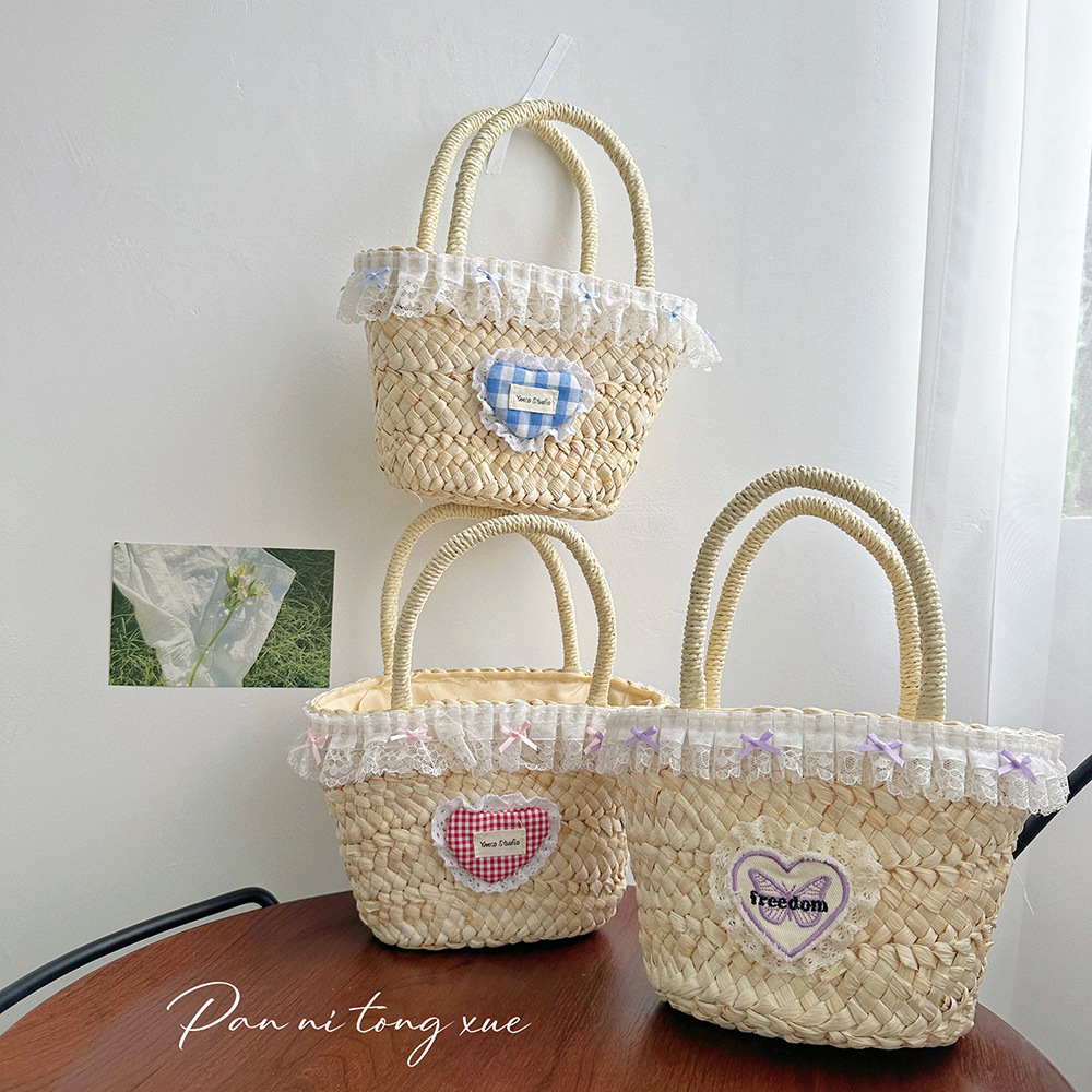 Lightweight Summer Straw Woven Bucket Bag with Sweet Bow Pendant for Women