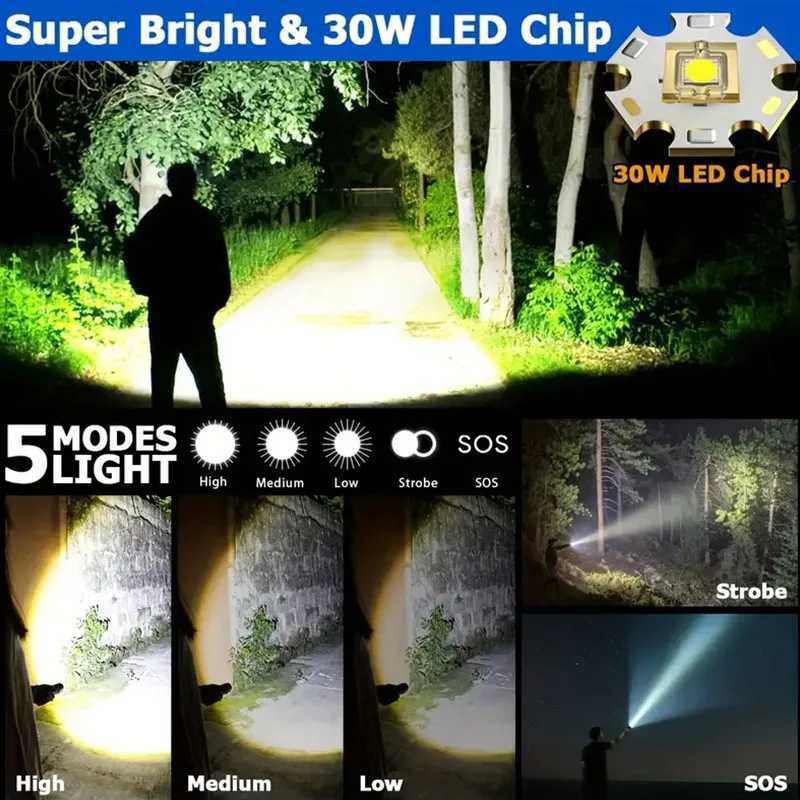 High Power LED Flashlight Type-C USB Rechargeable Long Range Tactical Torch Strong Light Lamp Outdoor Ultra Powerful Flash Light M251117